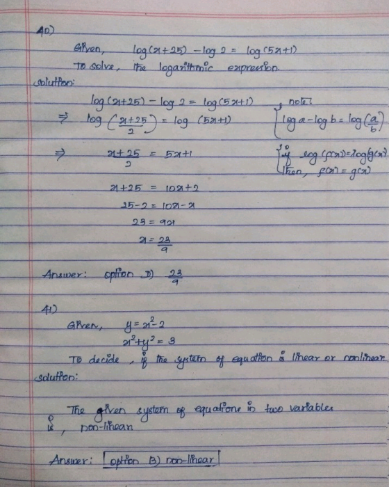 40) Ghren, Log C2+25) - log 2 = log (52.+1) To solve the logarithmic expression solution Tog (24+25) – log 2 = log (52+1) * l