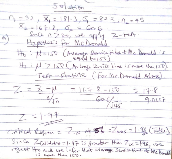 solution n = 32X = 181-3,0 = 82.2₂ = 45 X = 167.8, O2 = 60.6 Since no, we apply z-test. Hypothesis for Mc Donald Hol=150 (Ave