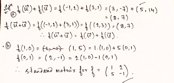 + les + (W)+ f(*) = f(-1,1) + f(3,1) = (3,-1) + (5,14) - (8,7) tlū+ū) = 4(6-1,2)+(3,1))= + ((2,3))=(8,7) :: fu+ū) - (0) + f(a