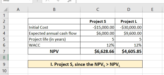 IVIU A. B C D Projects -$15,000.00 $6,000.00 Project L $30,000.00 $9,600.00 Initial Cost Expected annual cash flow Project li