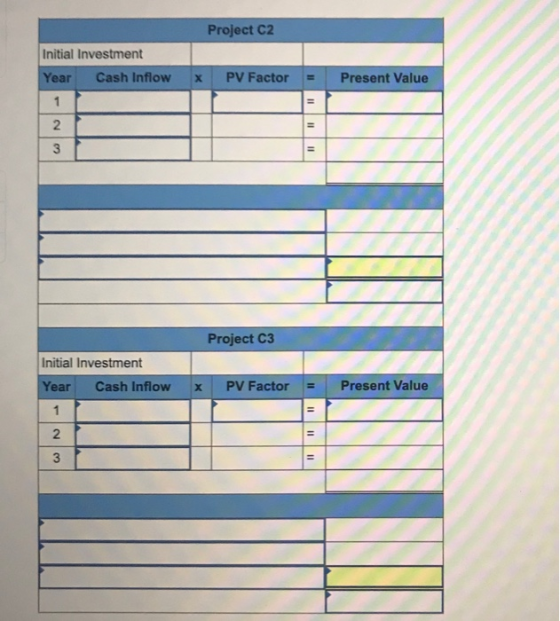 Project C2 Initial Investment Year Cash Inflow X PV Factor = Present Value Project C3 Initial Investment Year Cash Inflow X P