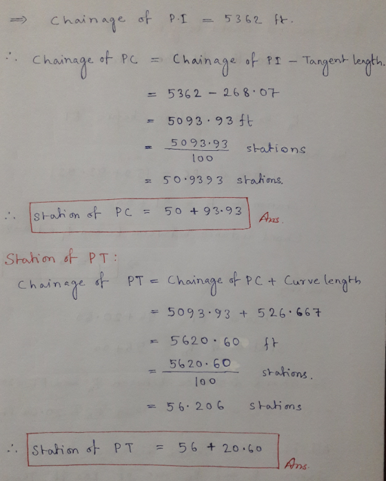 5362 ft. P.I Chainage of chaimage ot Pe -Chainage t -Tanyot lat -Tangent lagth Chainage of - 268.07 536 2 5093 93 ft 5093.93