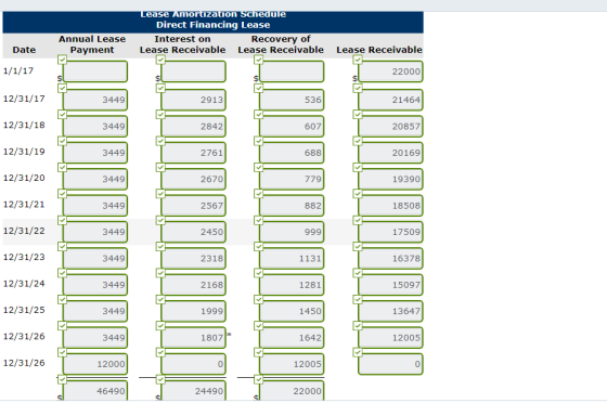 Lease Amortization Schedule Direct Financing Lease Interest on Recovery of Lease Receivable Lease Receivable Lease Receivable