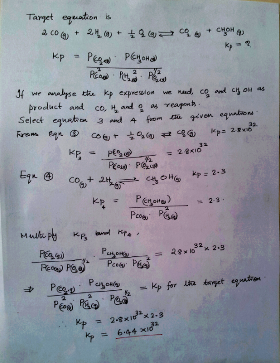 Target eguathon is & co ④ 2Le) + 2g (q) → C오 @ + cHOHQ) + Jf we malse thu kp expression we nad, co and cy on as product and c
