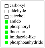 carboxyl
aldehyde
catechol
amido
phosphoryl
thioester
imidazole-like
phosphoanhydride