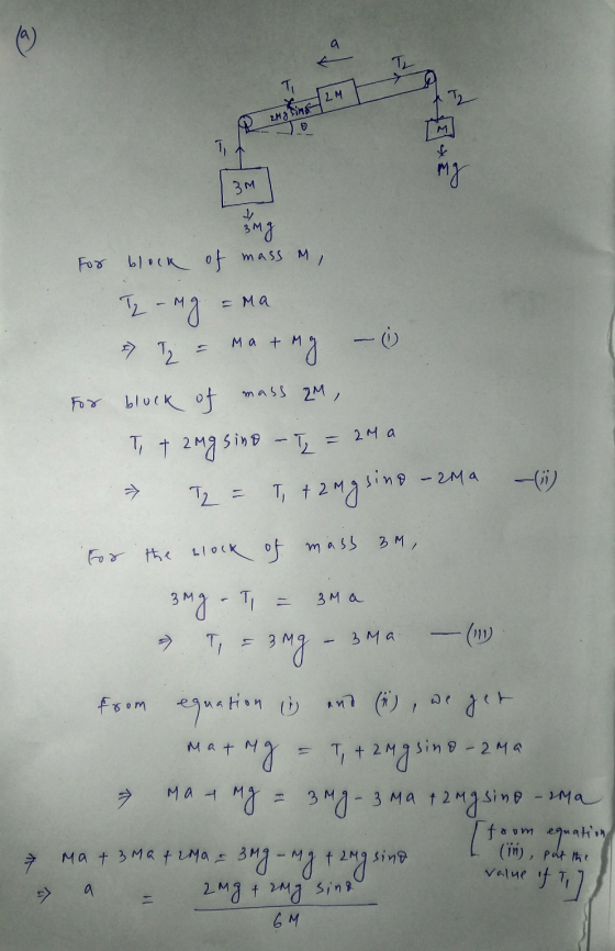 ( 6 ) 1, LM на! Ө ТИ mg 3м img For block of mass , = Ma 2 - # 1, Mat M + 11 Fx block of mass 2M, T, T 2 на simv -Т, Т. : т.