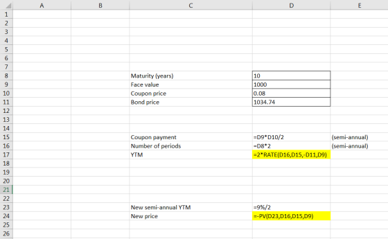 BEHOV AWN 10 Maturity (years) Face value Coupon price Bond price 1000 0.08 1034.74 Coupon payment Number of periods YTM =D9*D