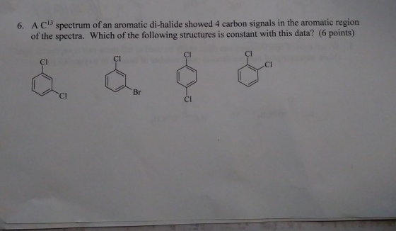6. AC spectrum of an aromatic di-halide showed 4 carbon signals in the aromatic region of the spectra. Which of the following