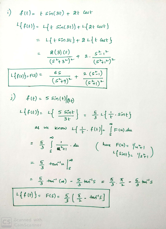 i fltl= t sin(3t) + 2t cost {f(t)) = ft sin (3x)} + {2x cost) = tft sin st} +244t costs = 2(3)(s) (5²+32) (3²7122 (5²+32 2 +