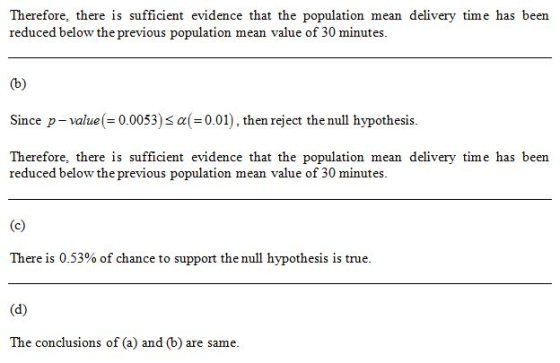 Therefore, there is sufficient evidence that the population mean delivery time has been reduced below the previous population