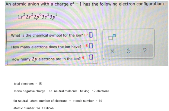 An atomic anion with a charge of -1 has the following electron configuration: | 1s22s²2p 3s23p What is the chemical symbol fo