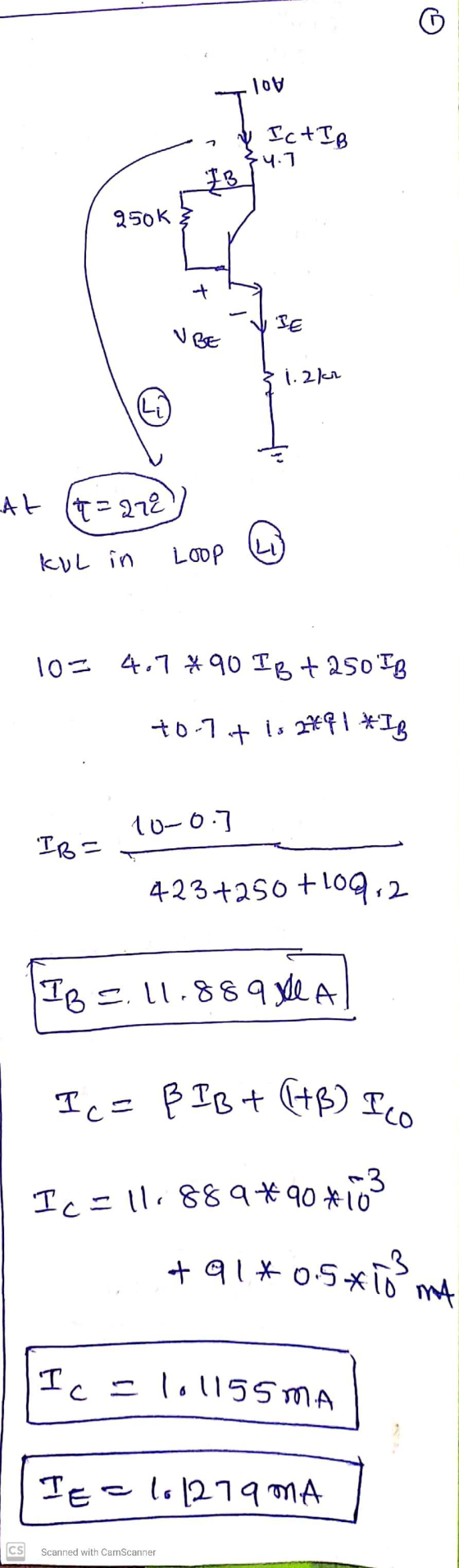 Ic= ß IBT (+B) Ico ToW Ict IB 4.3 IB 950k IE VBE 1.210 At (t=a72 U KUL in LOOP 10= 4.7 x90 IB + 250 IB to.7t is 249 1 *IB 10