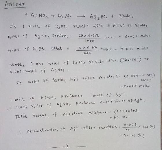 Moles of Aa Naa present: 20x0-30D moles - o-aasrales mnes so moles oF A No3 left after eaction - (o 0060 3) To ta Volume of ekction mix tue (20 o)AL 0 003 Csurentration àf Ag+ afterreacti on, o.oo3 ×1ooo(h) 3 0