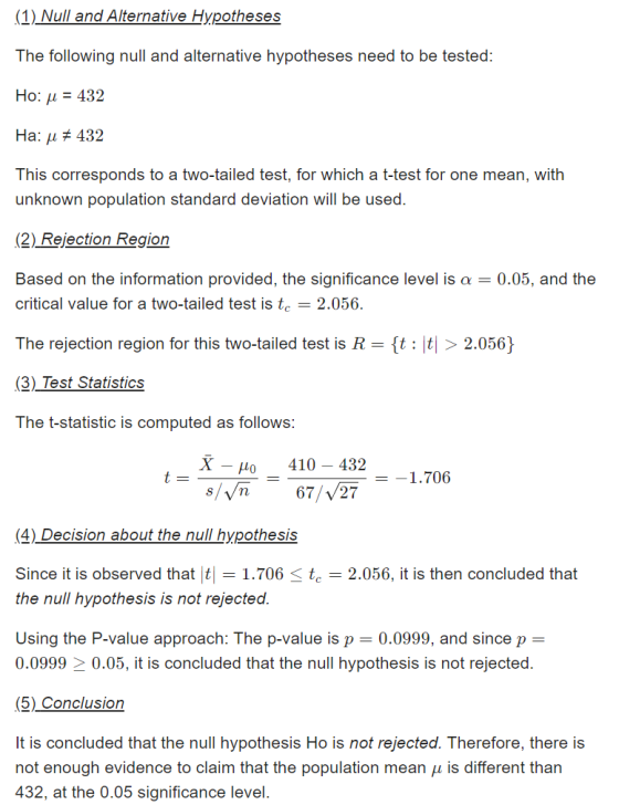 (1) Null and Alternative Hypotheses The following null and alternative hypotheses need to be tested: Ho: 432 Ha: u432 This co