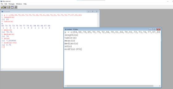 - R RGui (64-bit) File Edit Packages Windows Help O RR Console x 1 > x = c(84,88, 78,85, 70, 75, 72,86,78,81,86,78,81, 72, 73