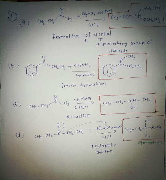 OCHCH3 9 CH-CH OCH CH3 HCl formation of a cetal a protecting 9rou ot aldehyde CH3 (b CHCH CH3NH CH2CHS trace acid imine ferma