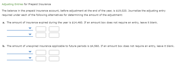 Adjusting Entries for Prepaid Insurance The balance in the prepaid insurance account, before adjustment at the end of the yea