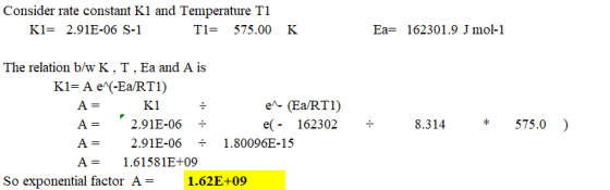 Consider rate constant K1 and Temperature Ti K1= 2.91E-06 S-1 T1= 575.00 K Ea= 162301.9 J mol-1 The relation b/w K, T, Ea and