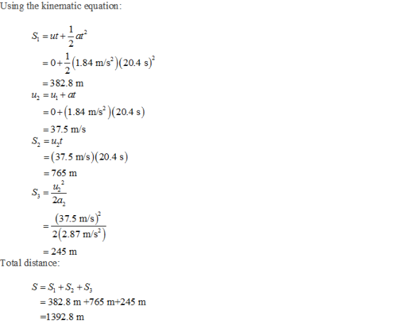Using the kinematic equation 184 m/s)(20.4 s) -382.8 m 0 (1.84 m/s)(204 s) 37.5 m/s (37.5 m/s) (20.4 s) 765 m s, 22 (37.5 m/s