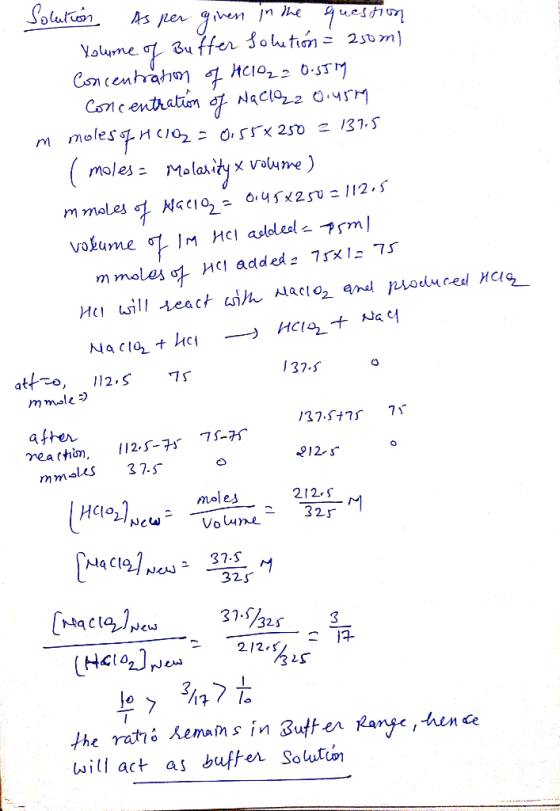 Solution As per given in the question Xolume of Buffer solution - 250m) Concentration of HClO₂ = 0.55M Concentration of Nach2