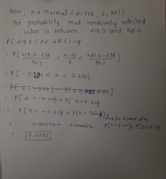 Here, Xy Normal (1=238,6 = 93.7) :. The probability that randomly selected value is between 219.3 and 481.6 PC 219.3 < X < 68