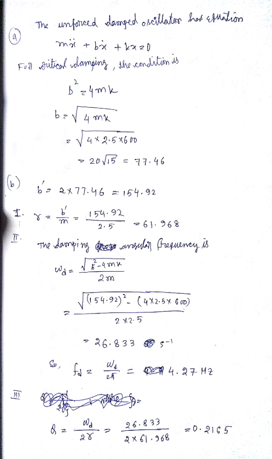 To hors Extation The unforced damped oscillaton I măi + b + ka 20 I Full writical damping the condition is b²24mk baru mk 2V