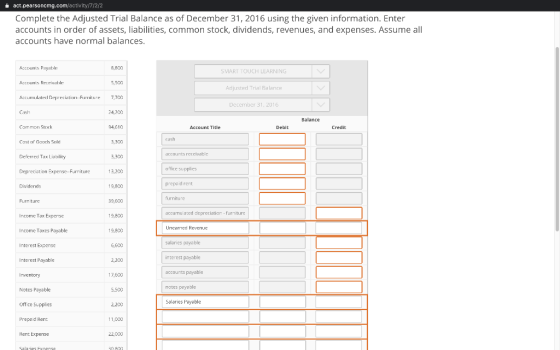 act.pearsoncmg.com/activity/7/2/2 Complete the Adjusted Trial Balance as of December 31, 2016 using the given information. En