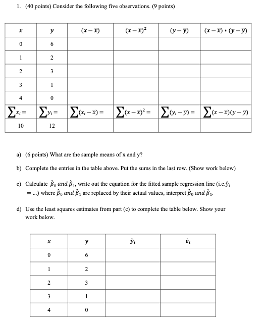 1. (40 points) Consider the following five observations. (9 points) (x-x) (x - x) (y- y) (x - x)(y-y) 2*- {x = 1012 (-:-)= {(
