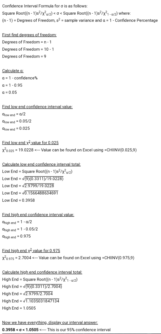 Confidence Interval Formula for o is as follows: Square Root((n - 1)s/x?a/2) < 0<Square Root((n - 1)s2/x?1-a/2) where: (n-1)