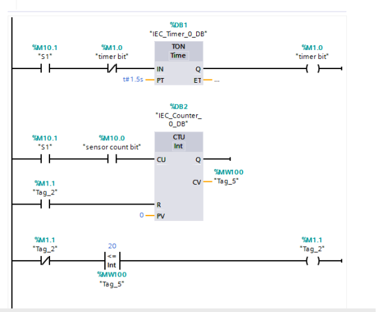 %DB1 IEC_Timer_O_DB M10.1 M1.0 TON timer bit Tíme HA - INQ t#1.55 - PT E T - M1.0 timer bit S1 %DB2 IEC Counter O_DB M1