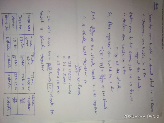 line ta siven information, 2020-2-9 09:33 A Ans. Jusnita can build a small shed in 13 hours Junita can build in stor = t3 of