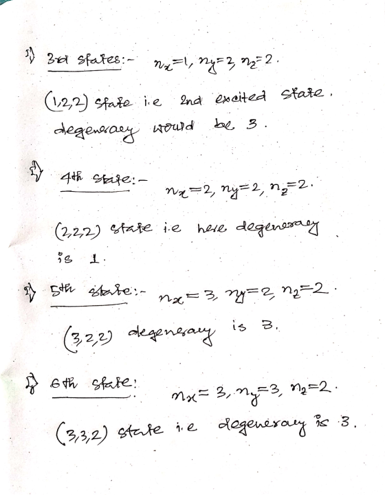 . N 37 3rd states: - n=l, ny=2, n = 2. (122) state ie and excited state, degenerary would be 3. h 4th skite: 2, ny=2; ng2. (2