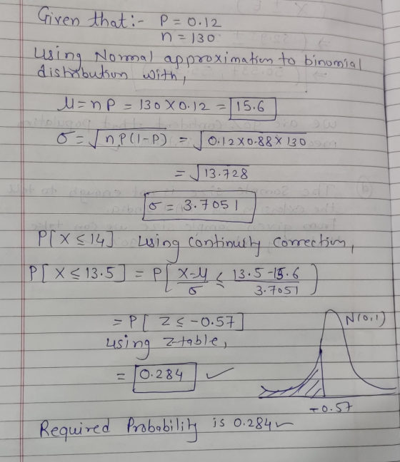 n = 130 Given that :- P=0.12 using Normal approximation to binomial distrobution with, U=nP=130X0.12=115.6 0 - 10 PC1-P) - J