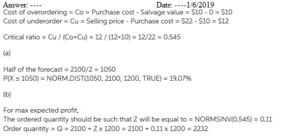 Answer Cost of overordering Co Date: --1/6/2019 Purchase cost Salvage value = $10 0 $10 - $22- $10 $12 Cost of underorder Cu