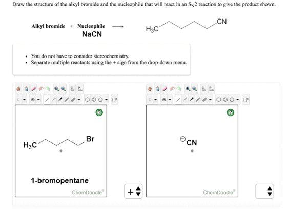 Draw the structure of the alkyl bromide and the nucleophile that will react in an SN2 reaction to give the product shown. Alk