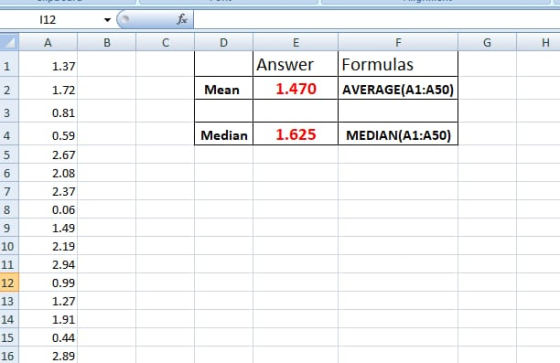 112 Answer Formulas Mean1.470 AVERAGE(A1:A50) 1.37 1.72 0.81 0.59 2.67 2.08 2.37 0.06 1.49 2.19 2.94 0.99 1.27 1.91 0.44 2.89