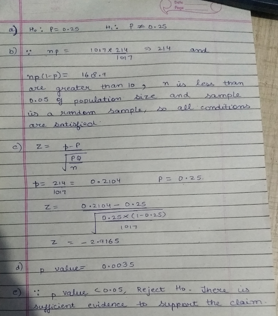Date Page He 2) P= 0.25 P = 0.25 214 тр = 1017X 214 1017 npll-p) = n 168.9 are greater than lo 0.05 of population size a rand