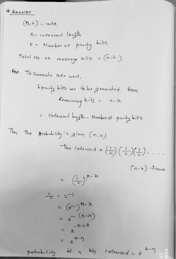 Ansnler nr Codeword leng kNumber of par Total No of messae bs its n-k To Cheneale Code woid [I are enera Remainin Nambon of p