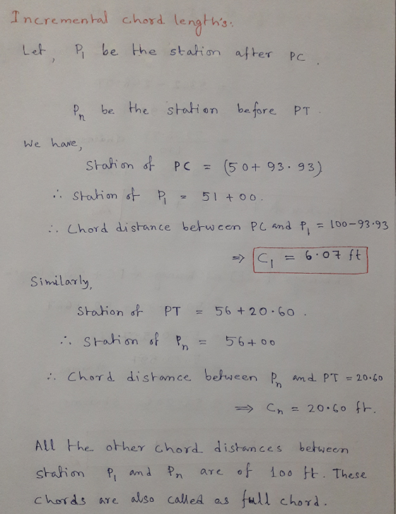 Incremental chord lengths: Let P be the station atter PC the stati on be fore be. PT n have, We Stahion of (5 P C 93) 0 93 St