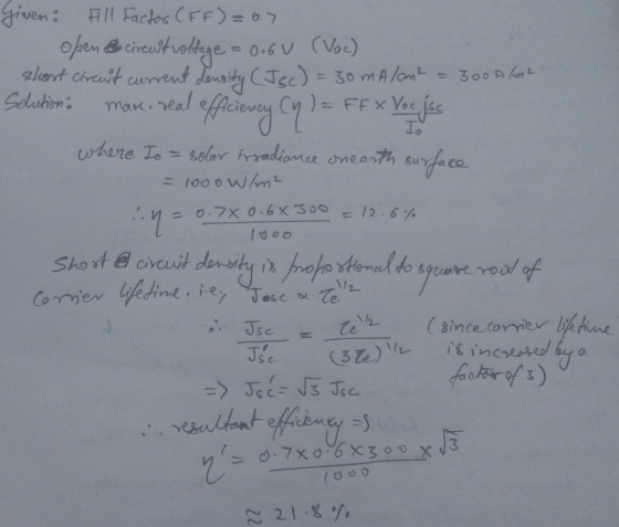 Given: Fill Factor (FF) = 6.7 open & circuit voltage = 0.6V (Voc) short circuit current density (Isc) = 30 mAlan² = 300 A/m2