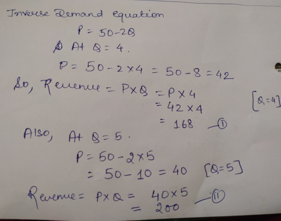 10:41 Inverse Demand equation. P = 50- 20 s At 8=4. P=50-2x4 = 50-8=42 So, Revenue = PXQ =PX4 = 42 X 4 = 168 Also, At 8=5. p=