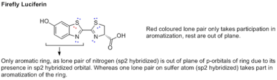 Firefly Luciferin но- Red coloured lone pair only takes participation in aromatization, rest are out of plane. Only aromatic