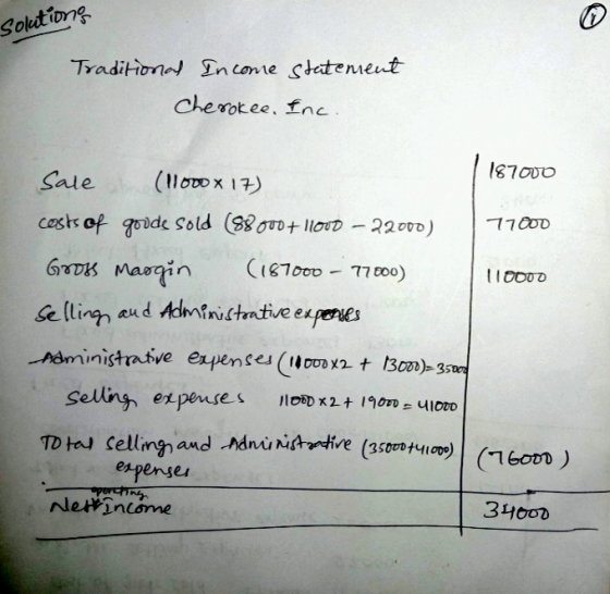 solutions Traditional Income statement Cherokee, Inc. 187000 sale (11000 x 17) costs of goods sold (88000 + 11000 – 22000) )
