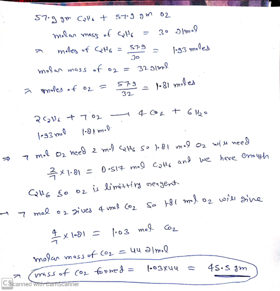 57.9 gm Call + S79 gm o2 1 molar mass of Culto = 30 almal a molles of GHG = 57.9 – 1.93 moles molan mass of o2 = 32gime à mal