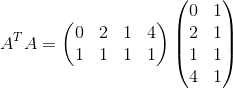 A^TA=\begin{pmatrix}0&2&1&4\\ 1&1&1&1\end{pmatrix}\begin{pmatrix}0&1\\ 2&1\\ 1&1\\ 4&1\end{pmatrix}