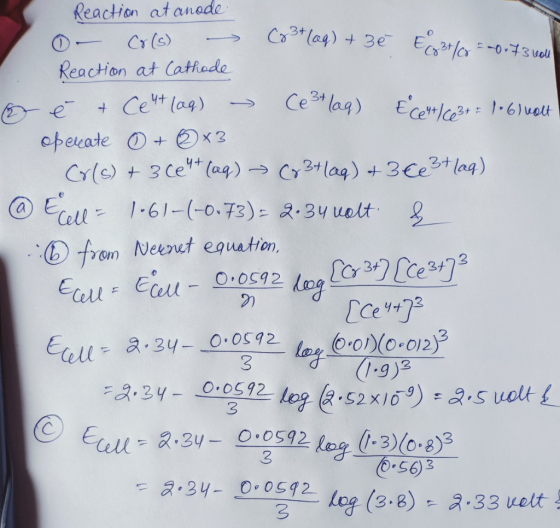 Reaction atanede Co3tlag)3e E 03el Cr(s) 17 Reaction at Cathade Ce 3 lag) + Cet lag) Ecelt/Ca= 16)uelt opecate x2 Cr(e) 3 ce