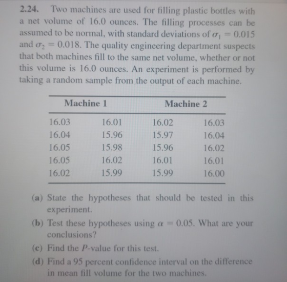 2.24. Two machines are used for filling plastic bottles with a net volume of 16.0 ounces. The filling processes can be assume