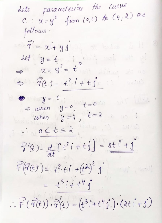 dets parameterize the wine C: x=y² from (0,0) to (4, 2) as fellenes og zit gi 2 y=t x=y²=t 7 (t) = t² i + tj y = t yo » when