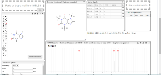 Chemical structure with hydrogen exploded Paste or drop a molfile or SMILES J (Hz) Drop or paste a jcamp file Help DI? List o