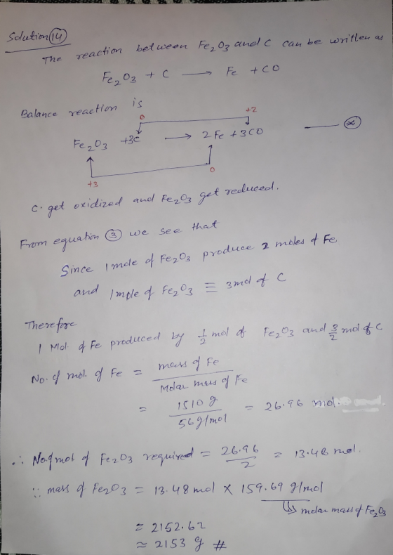 22 WALL solution (14) The Fe₂O₂ and can be written as reaction reaction between be Fe₂O₃ + c Fe +co +2 Balance reaction Fe₂O₃